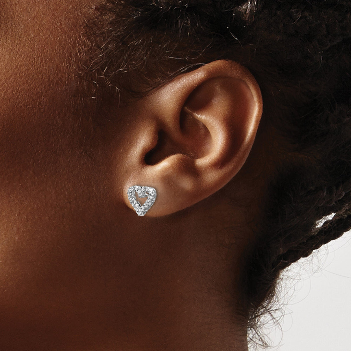 14k White Gold Heart Shaped Diamond Stud Earrings with Open Heart Design for Women