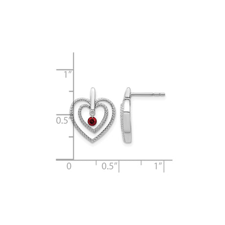 14k White Gold Heart Stud Earrings with Diamond and Red Gemstone Dangles, Double Open Heart Design