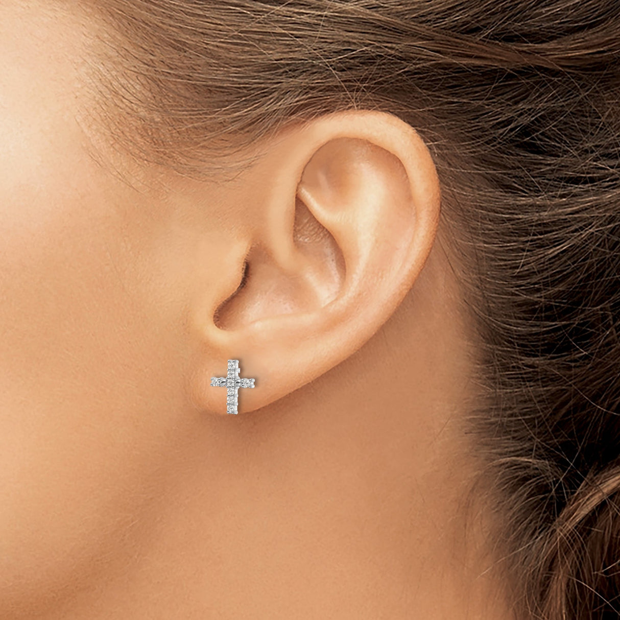 14k White Gold Diamond Cross Stud Earrings, Prong Set Faith-Inspired Unisex Jewelry