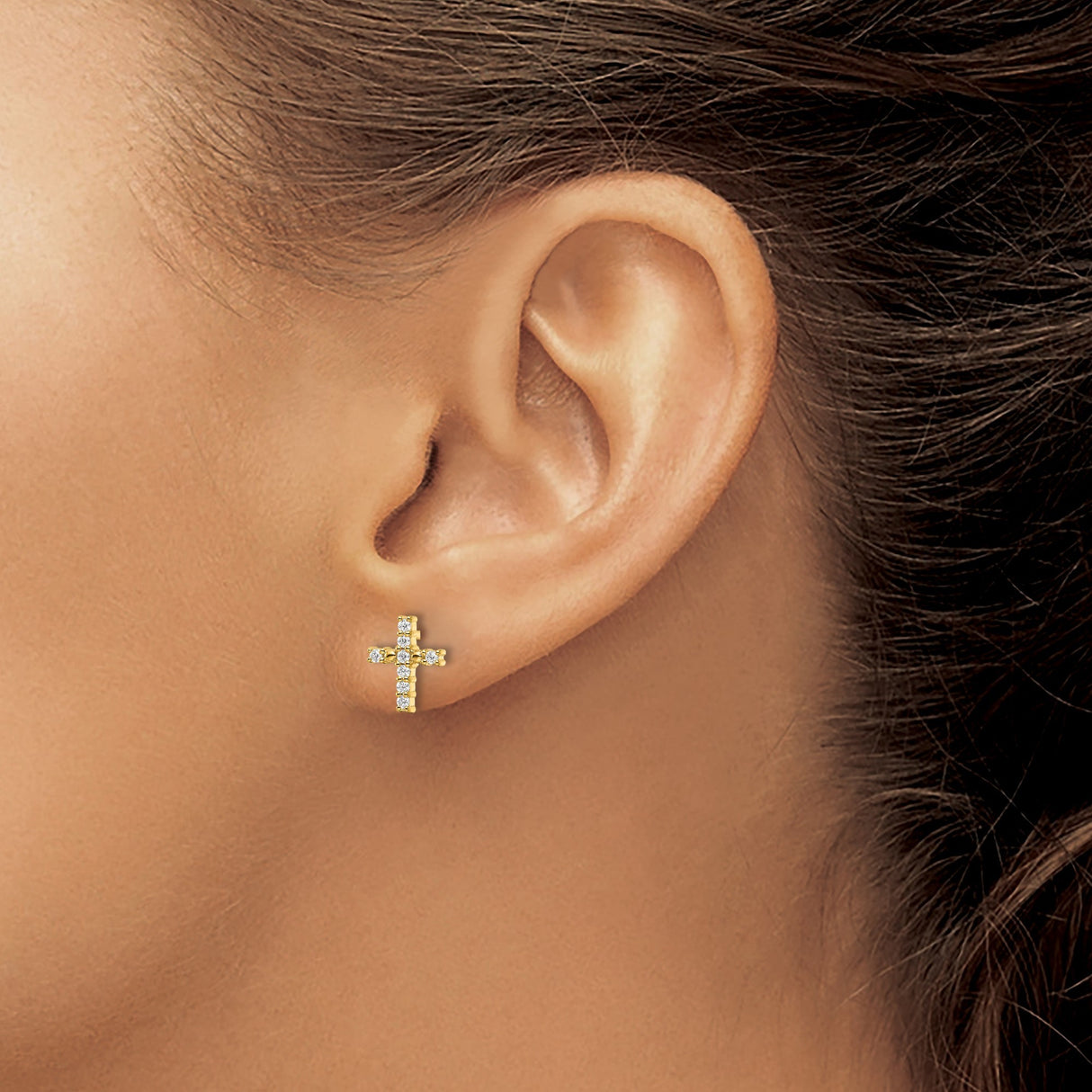 14k Yellow Gold Cross Pendant and Stud Earrings Set with Diamond, Faith Symbol Jewelry