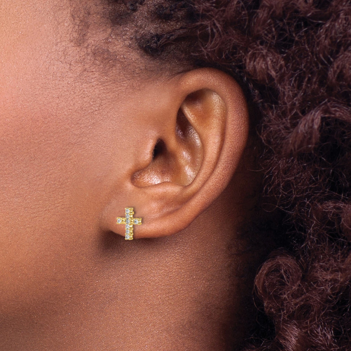 14k Yellow Gold Cross Stud Earrings with Diamond, Polished Finish, Spiritual Faith Style