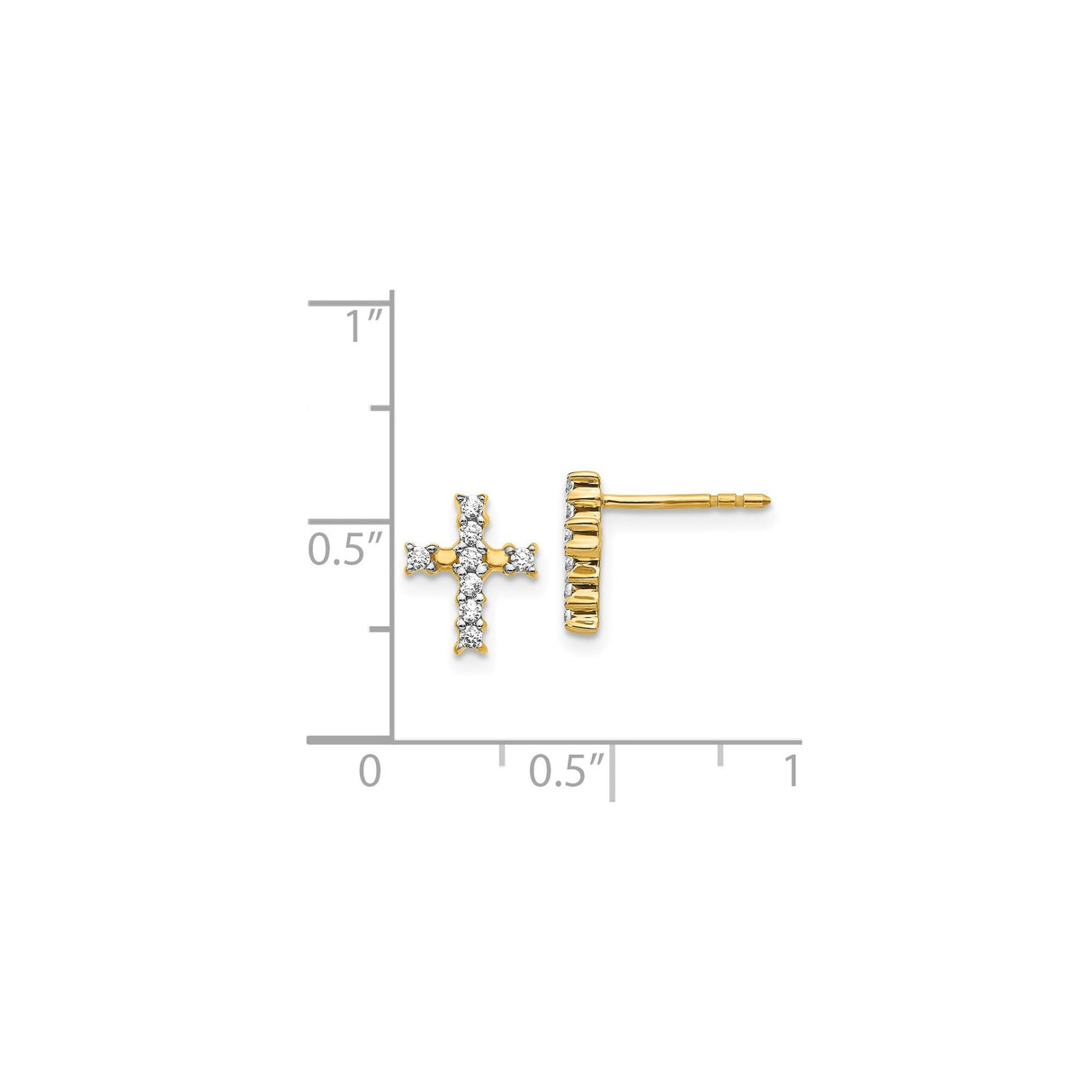 14k Yellow Gold Cross Stud Earrings with Diamond, Polished Finish, Spiritual Faith Style