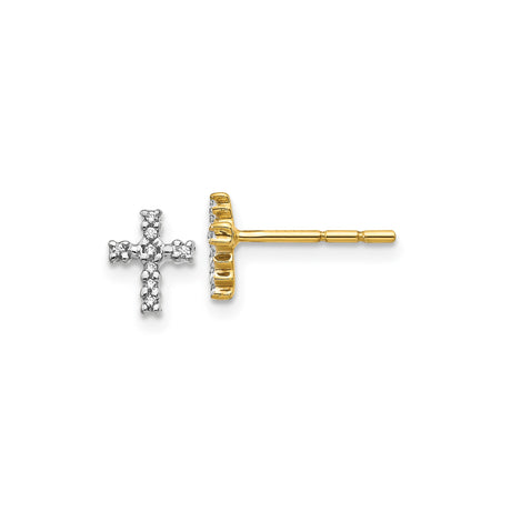 14k Yellow Gold Cross Stud Earrings with Diamond, Christian Faith Jewelry for Women