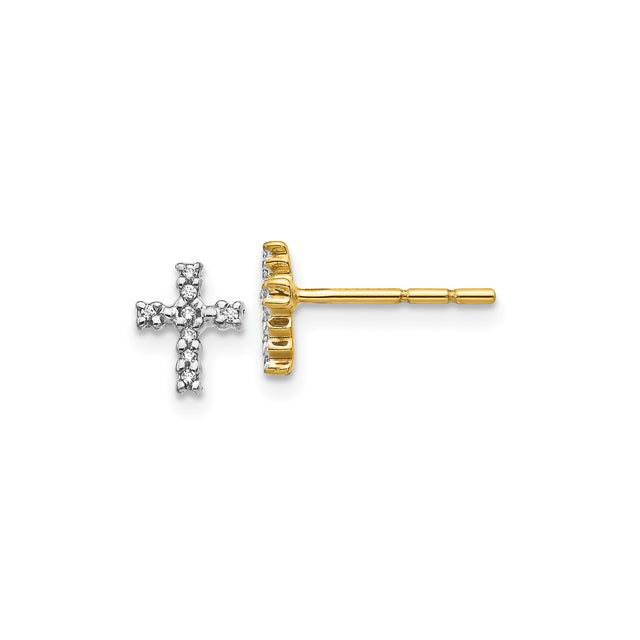 14k Yellow Gold Cross Stud Earrings with Diamond, Christian Faith Jewelry for Women
