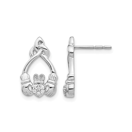 14k White Gold Claddagh Stud Earrings with Diamond Accents, Celtic Heart Hands Crown Design