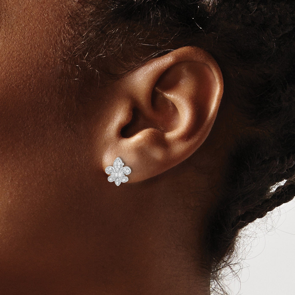 14k White Gold Fleur-de-Lis Stud Earrings with Pave Diamond Detailing