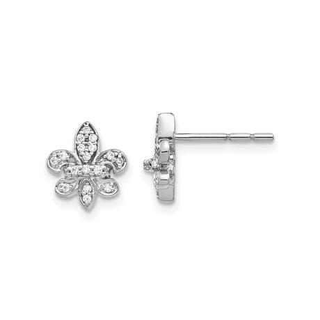 14k White Gold Fleur-de-Lis Stud Earrings with Pave Diamond Detailing