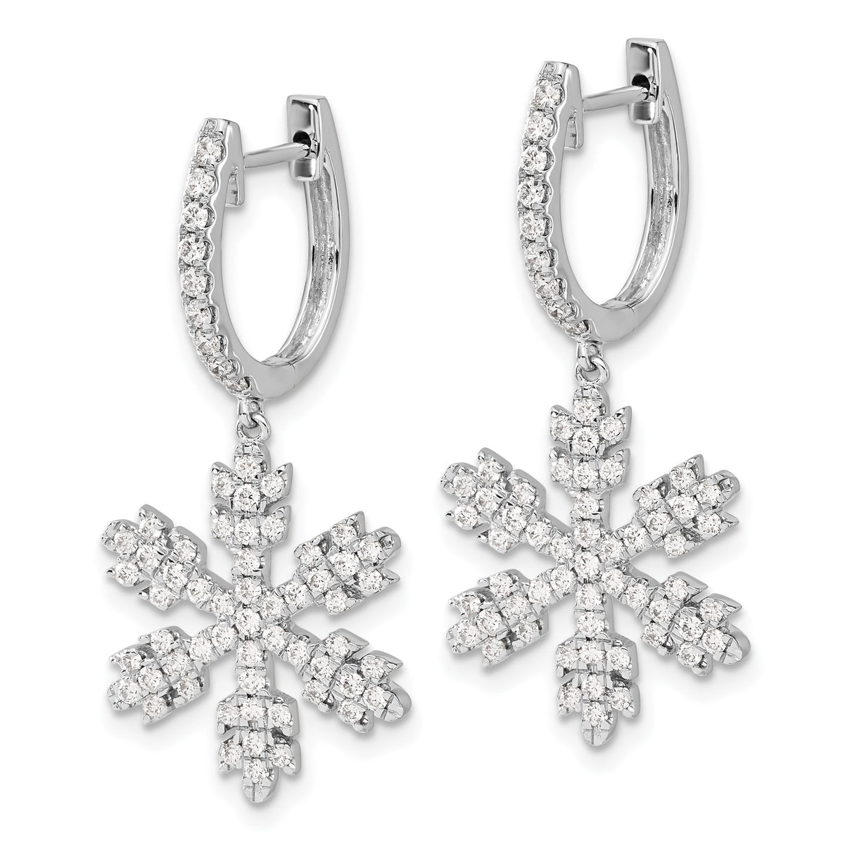 14k White Gold Snowflake Drop Earrings with Diamond, Winter Holiday Dangle Design for Women