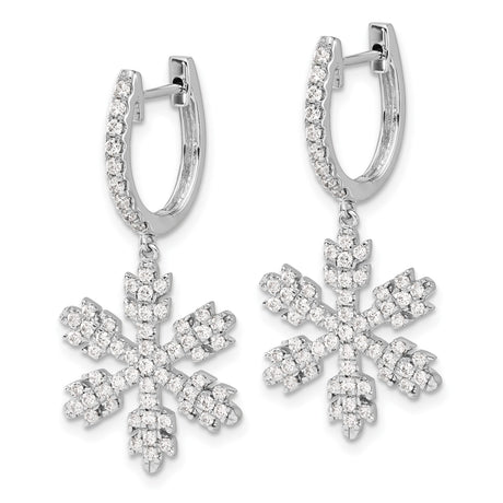 14k White Gold Snowflake Drop Earrings with Diamond, Winter Holiday Dangle Design for Women