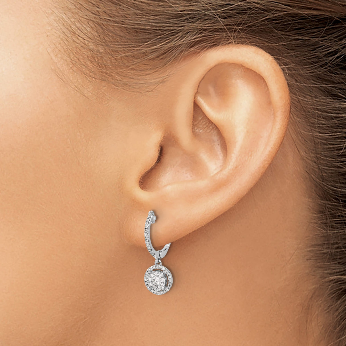 14k White Gold Diamond Drop Earrings with Round Halo and Pavé Accents