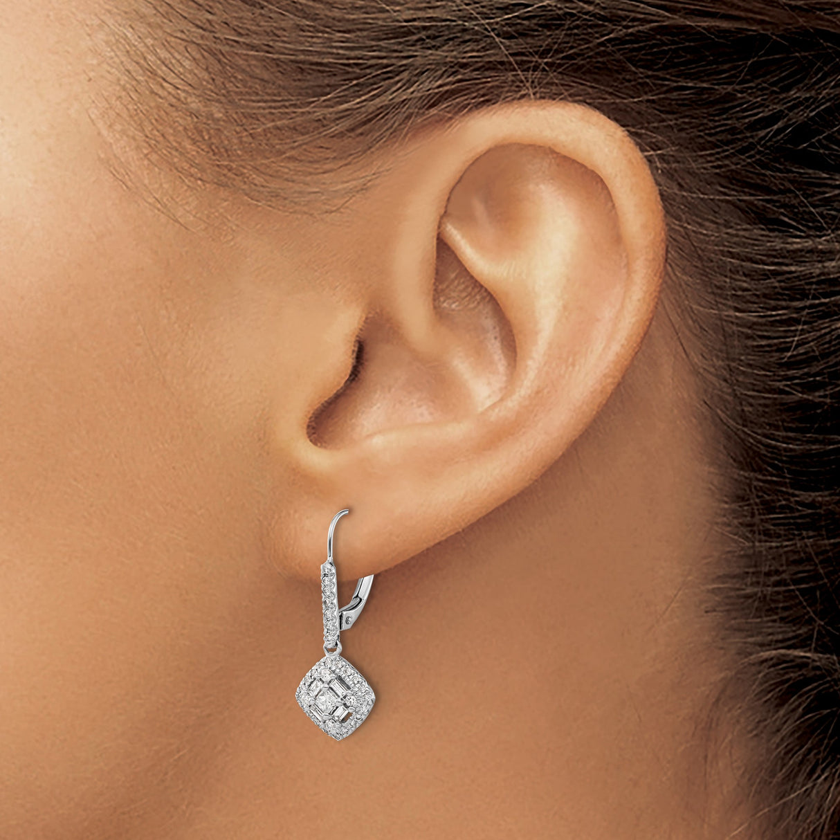14k White Gold Dangle Earrings with Diamonds, Cushion Drop Design, Leverback Closure