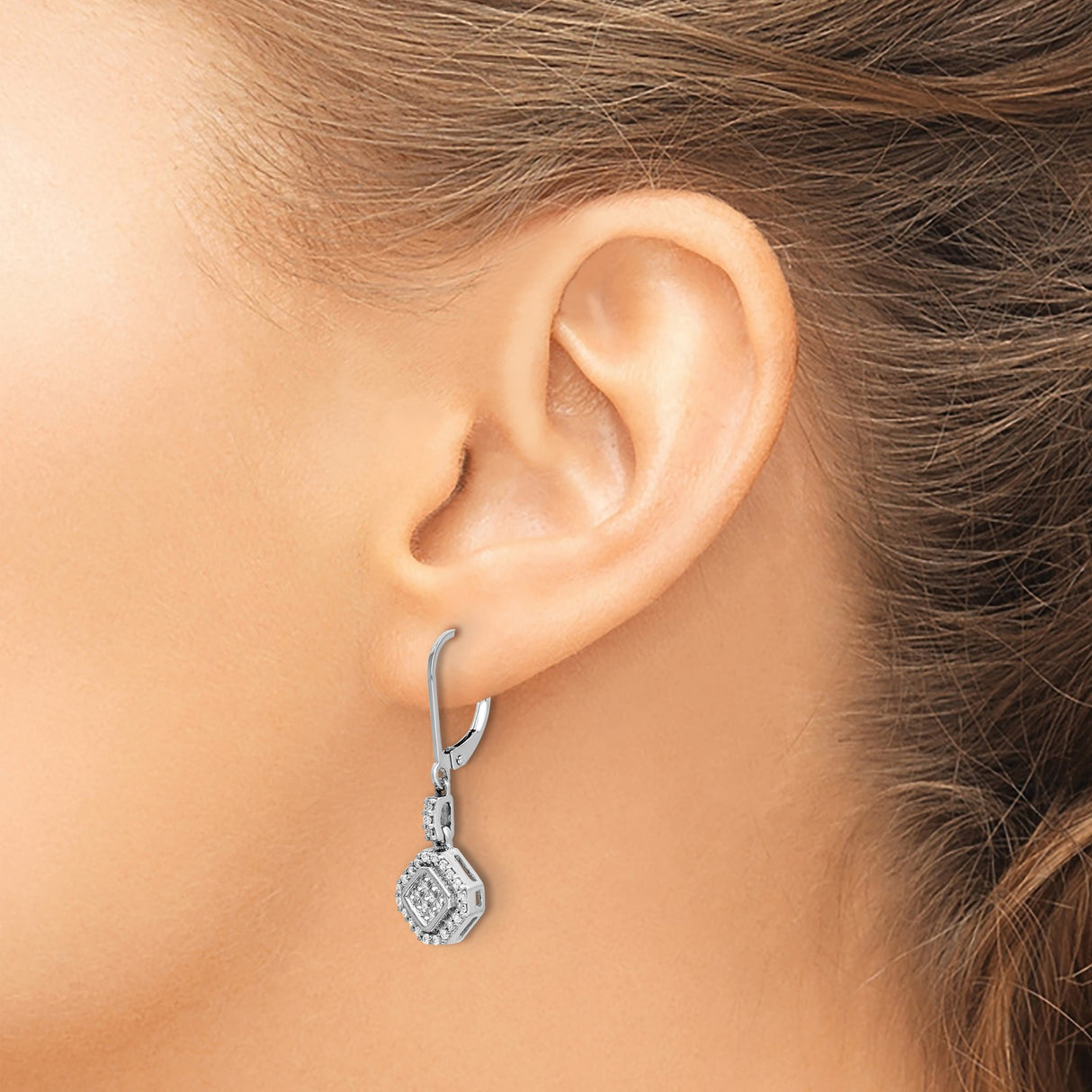 14k White Gold Dangle Earrings with Diamond Accents, Geometric Halo Design, Leverback Drop Style