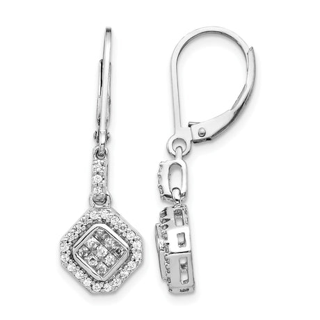 14k White Gold Dangle Earrings with Diamond Accents, Geometric Halo Design, Leverback Drop Style
