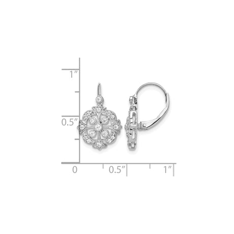 14k White Gold Dangle Earrings with Diamond Accents, Vintage Floral Filigree Cross Design