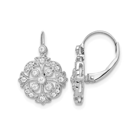 14k White Gold Dangle Earrings with Diamond Accents, Vintage Floral Filigree Cross Design