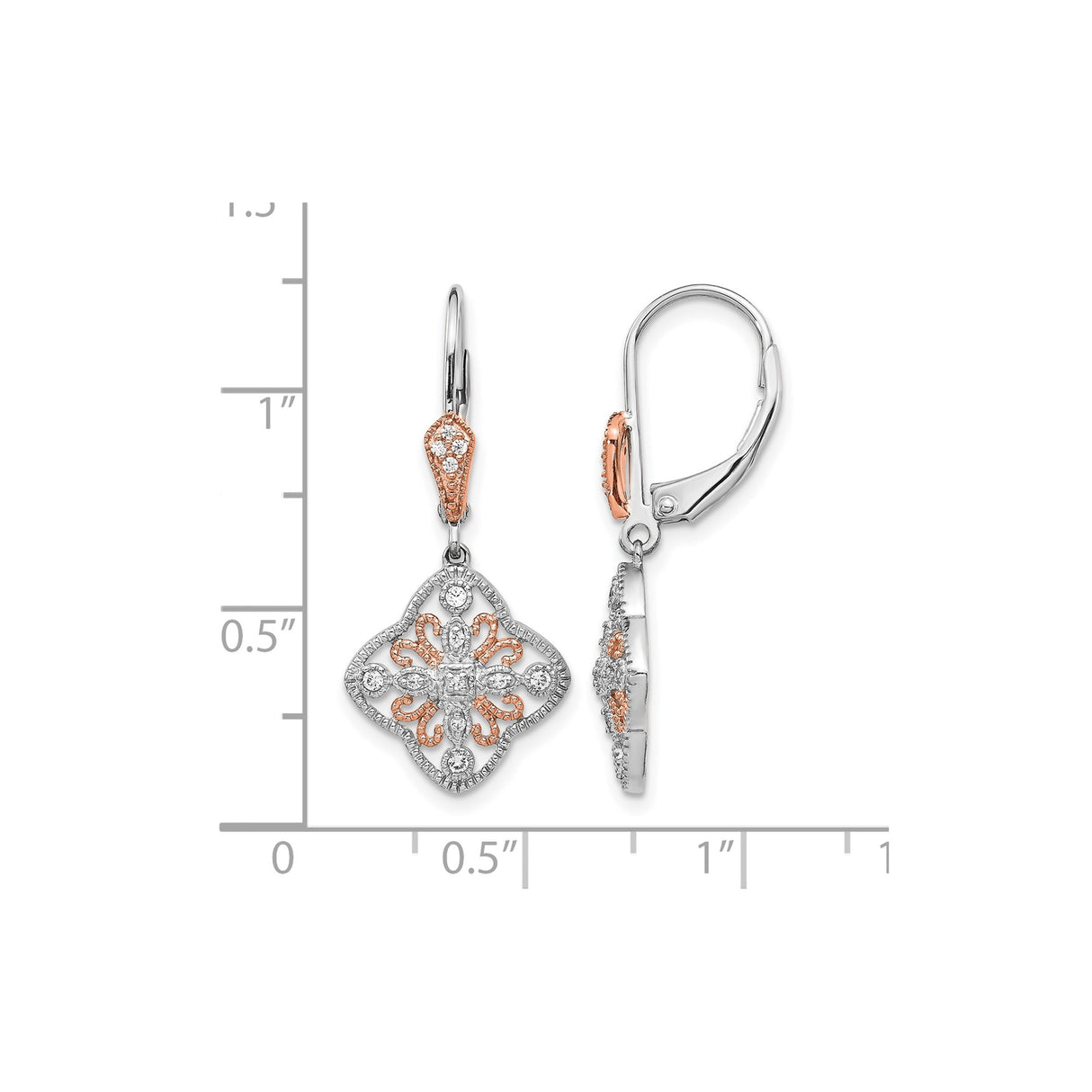 14k White Gold Dangle Earrings with Diamond Accents, Floral Filigree Cross Design