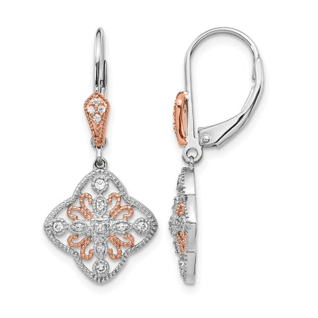 14k White Gold Dangle Earrings with Diamond Accents, Floral Filigree Cross Design