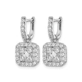 14k White Gold Diamond Drop Earrings with Square Halo and Scrollwork Design