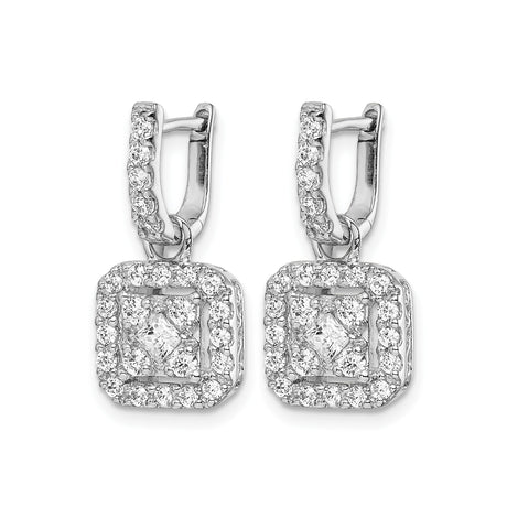 14k White Gold Diamond Drop Earrings with Square Halo and Scrollwork Design