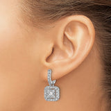 14k White Gold Diamond Drop Earrings with Square Halo and Scrollwork Design