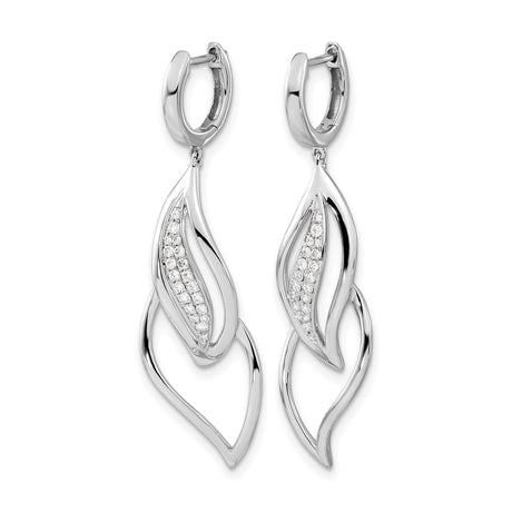 14k White Gold Drop Earrings with Diamond Accents, Open Leaf Design, Nature Inspired Style