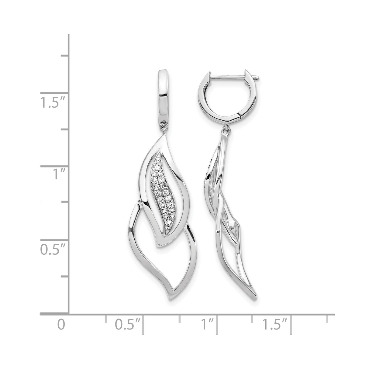 14k White Gold Drop Earrings with Diamond Accents, Open Leaf Design, Nature Inspired Style