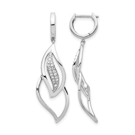 14k White Gold Drop Earrings with Diamond Accents, Open Leaf Design, Nature Inspired Style