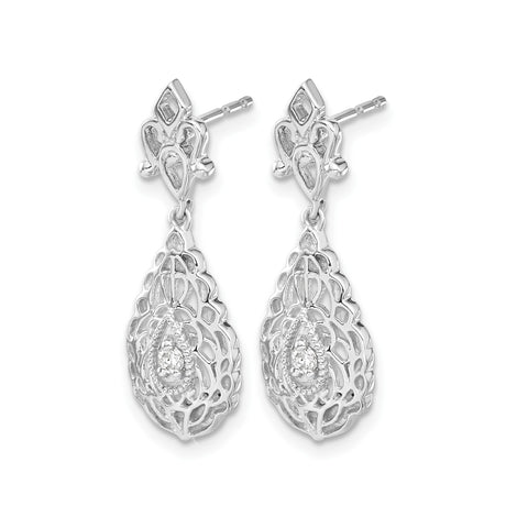 14k White Gold Dangle Earrings with Diamond Accents, Filigree Lace and Floral Design