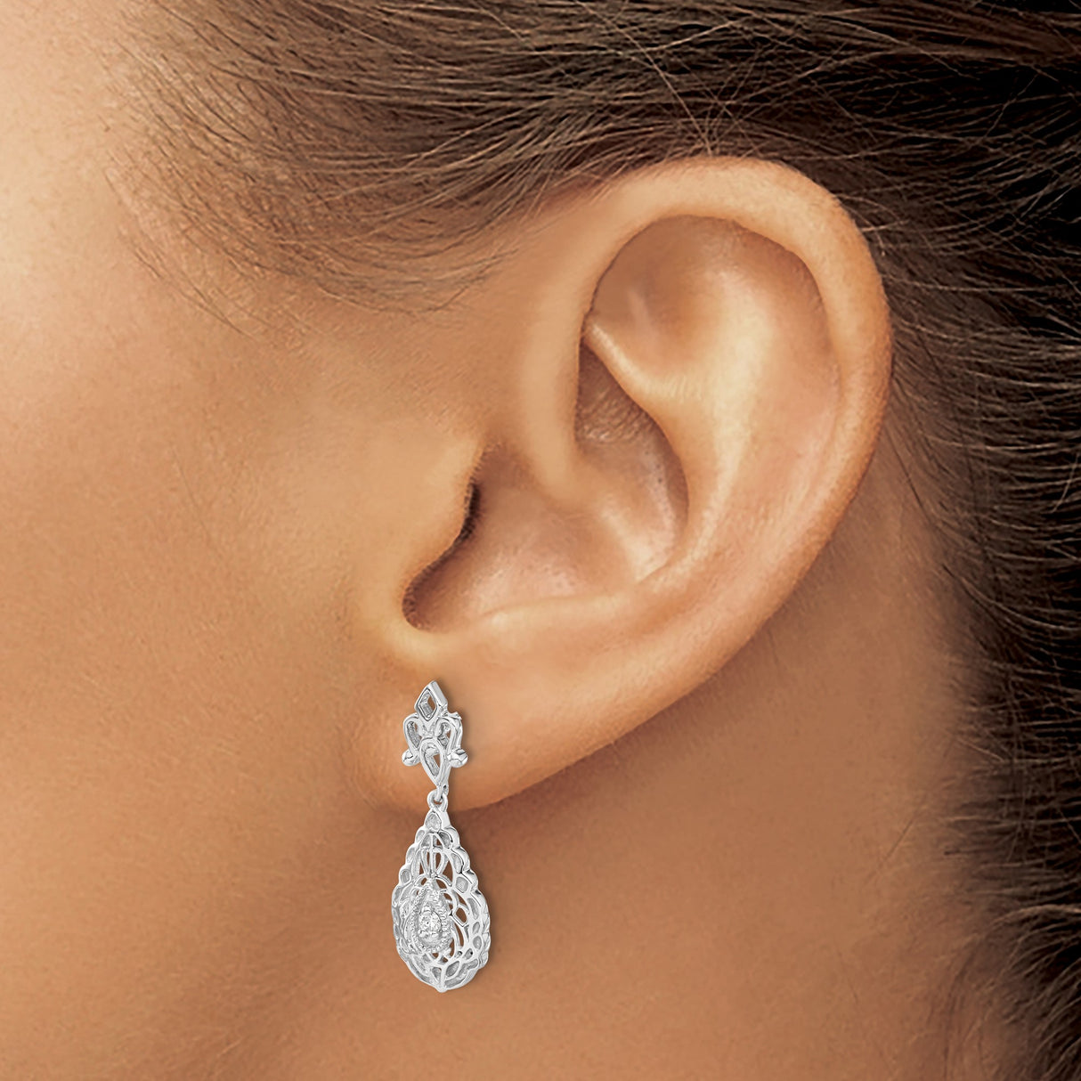 14k White Gold Dangle Earrings with Diamond Accents, Filigree Lace and Floral Design