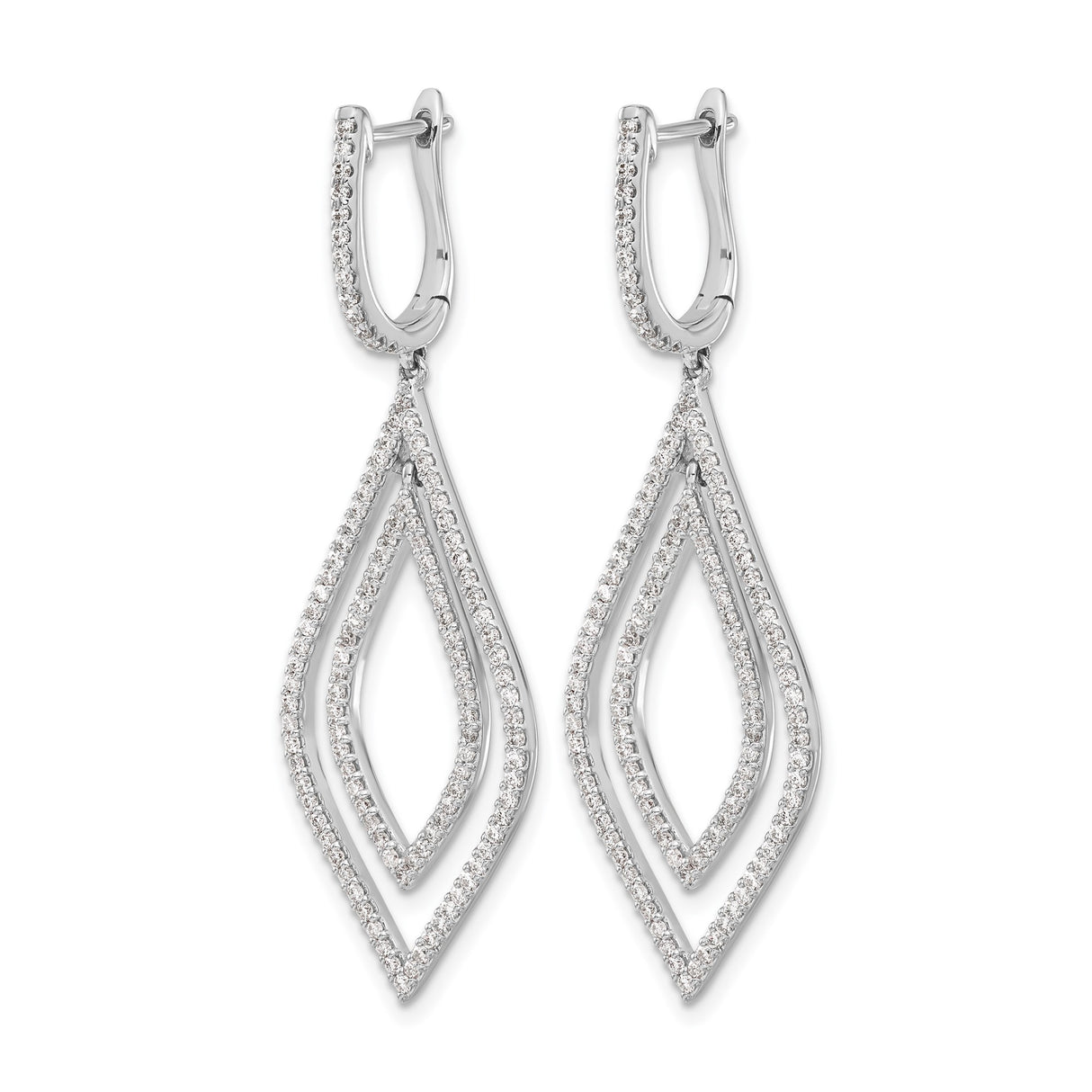 14k White Gold Dangle Earrings with Round Cut Diamonds, Double Marquise Open Drop Design