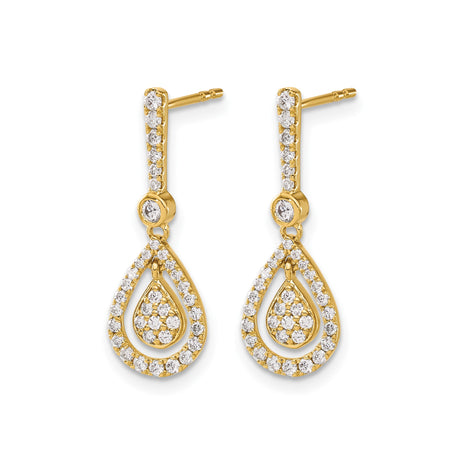 14k Yellow Gold Teardrop Dangle Earrings with Round Cut Cubic Zirconia, Cluster Drop Design