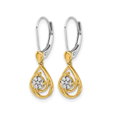 14k Two-Tone Gold Dangle Earrings with Diamond Floral Clusters and Teardrop Design