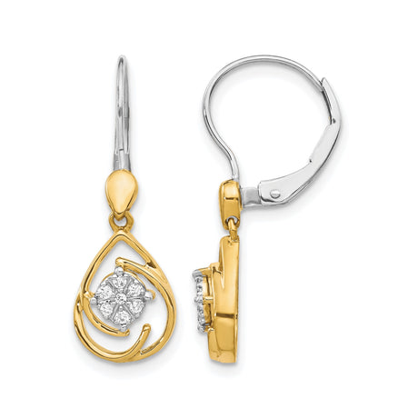 14k Two-Tone Gold Dangle Earrings with Diamond Floral Clusters and Teardrop Design