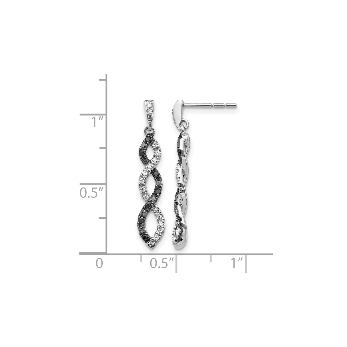 14k White Gold Dangle Earrings with Black and White Diamonds, Infinity Twist Design