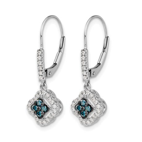 14k White Gold Dangle Earrings with Blue and White Diamonds, Vintage Floral Clover Design