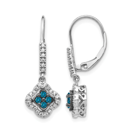 14k White Gold Dangle Earrings with Blue and White Diamonds, Vintage Floral Clover Design
