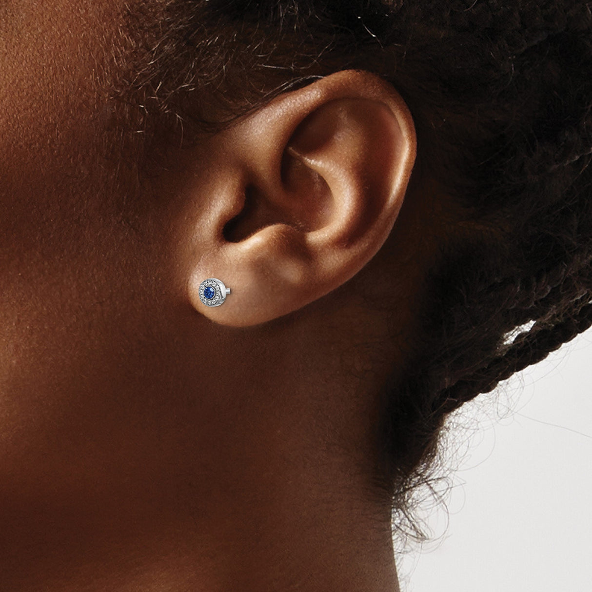 14k White Gold Stud Earrings with Blue Sapphire and Diamond Halo Design for Women