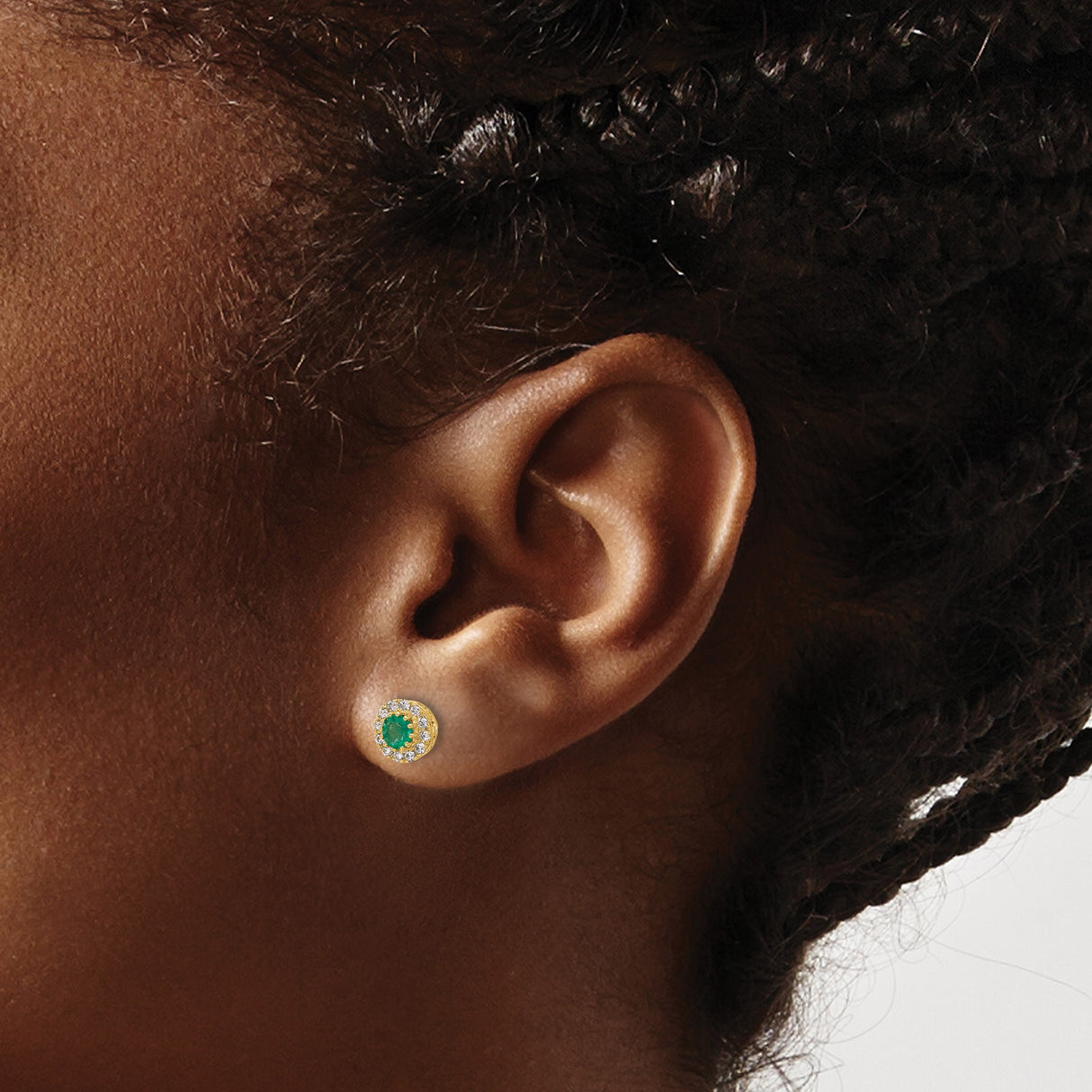 14k Yellow Gold Stud Earrings with Round Emerald Center and Diamond Halo