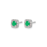 14k White Gold Stud Earrings with Emerald and Diamond Cushion Halo Design