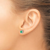 14k White Gold Stud Earrings with Emerald and Diamond Cushion Halo Design