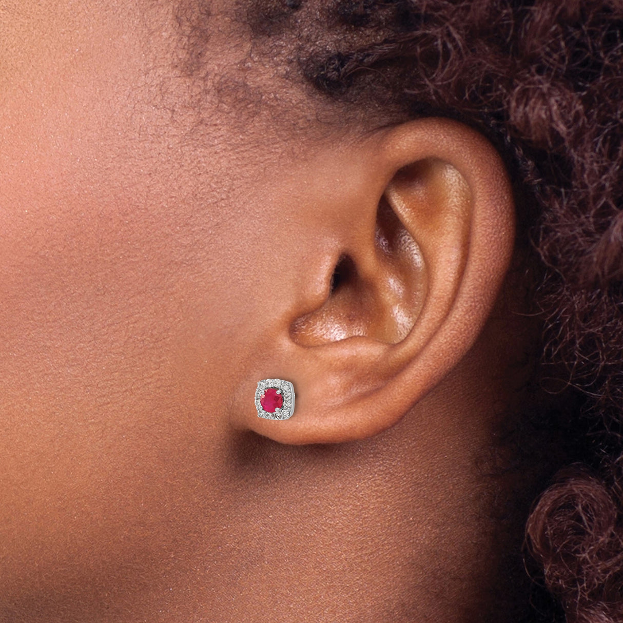 14k White Gold Stud Earrings with Ruby Center and Diamond Cushion Halo Setting