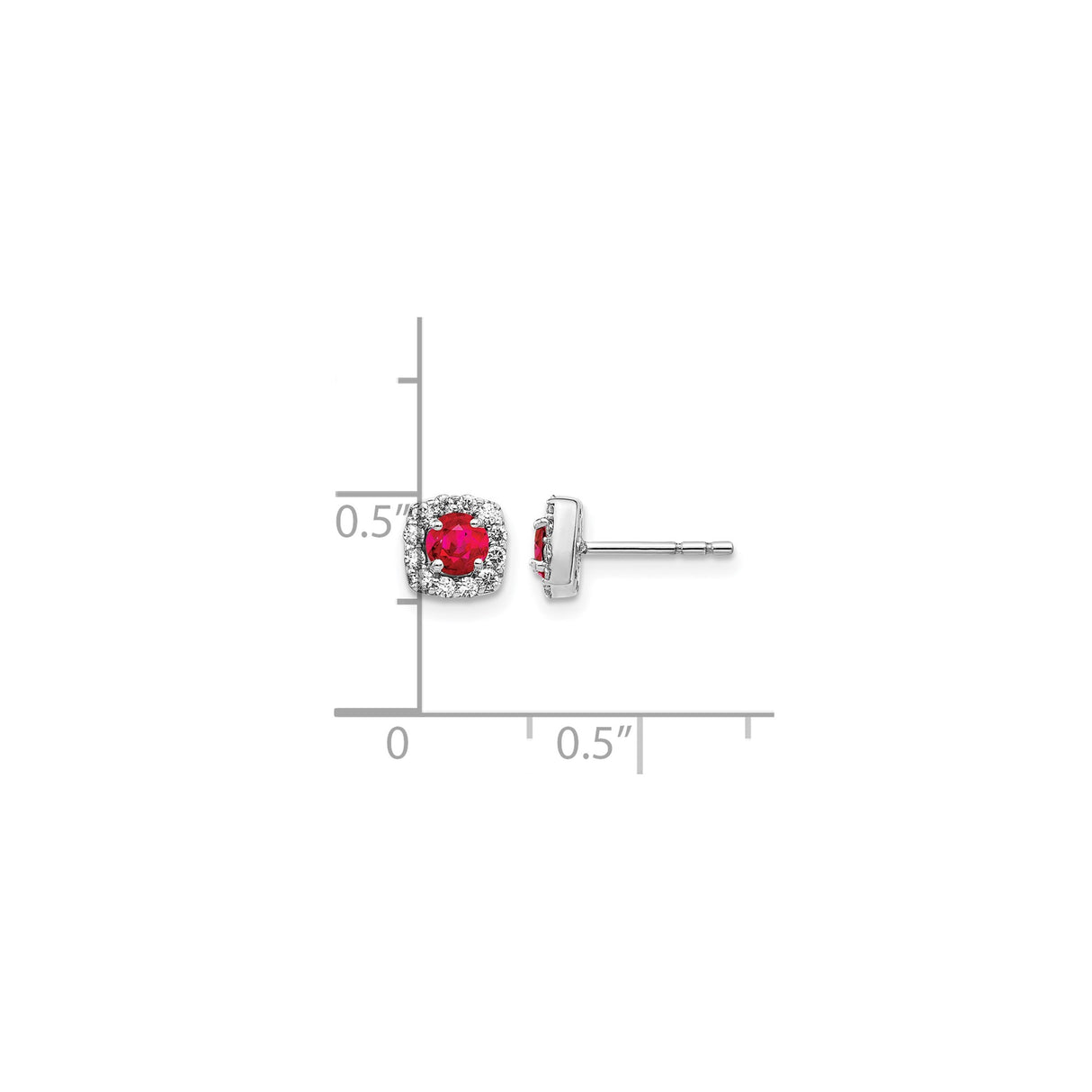 14k White Gold Stud Earrings with Ruby Center and Diamond Cushion Halo Setting