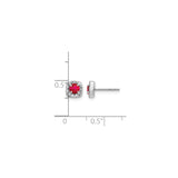 14k White Gold Stud Earrings with Ruby Center and Diamond Cushion Halo Setting