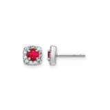 14k White Gold Stud Earrings with Ruby Center and Diamond Cushion Halo Setting