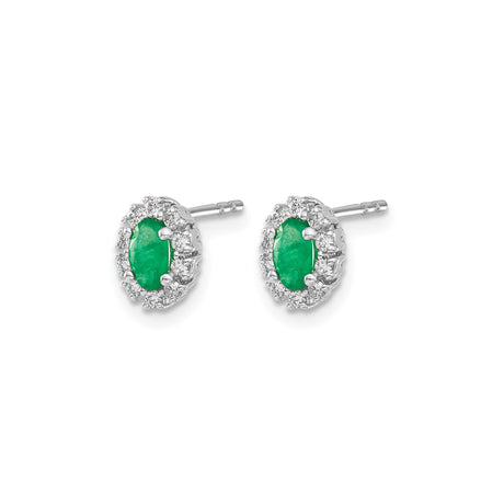 14k White Gold Stud Earrings with Oval Emerald and Diamond Halo