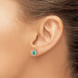 14k White Gold Stud Earrings with Oval Emerald and Diamond Halo
