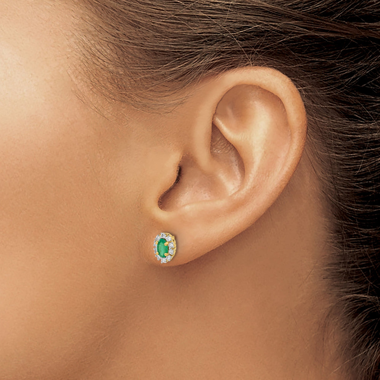 14k Yellow Gold Stud Earrings with Oval Emerald and Diamond Halo Floral Design
