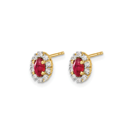 10k Yellow Gold Stud Earrings with Ruby and Diamond Halo, Floral Cluster Design for Women