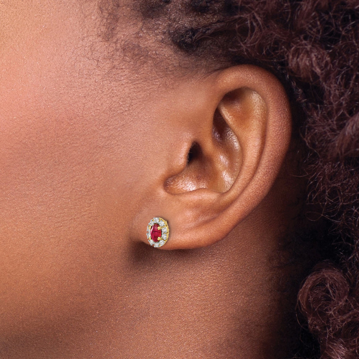 10k Yellow Gold Stud Earrings with Ruby and Diamond Halo, Floral Cluster Design for Women