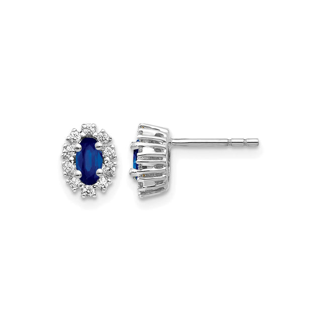 10k White Gold Oval Stud Earrings with Sapphire Center and Diamond Halo